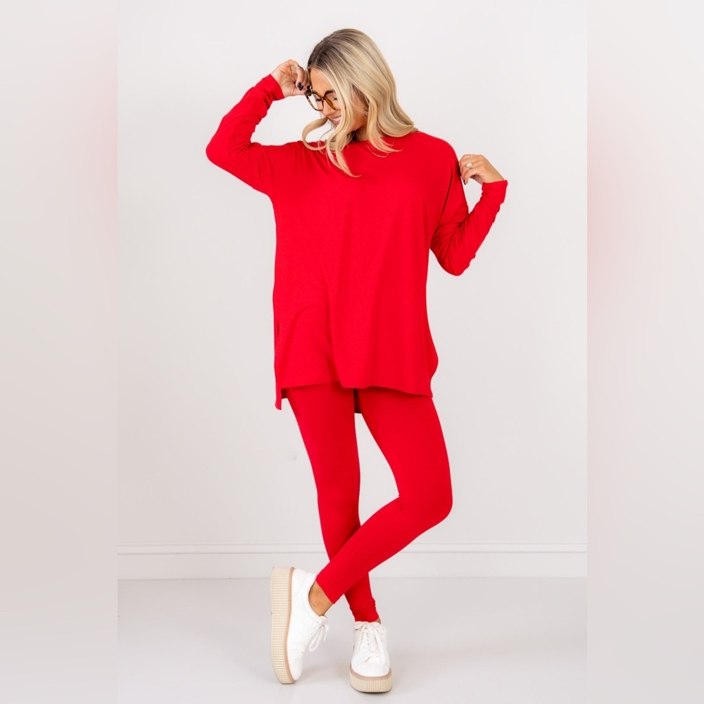 Zenana lounge all day crew long sleeve brushed microfiber set ruby small - Picture 2 of 6